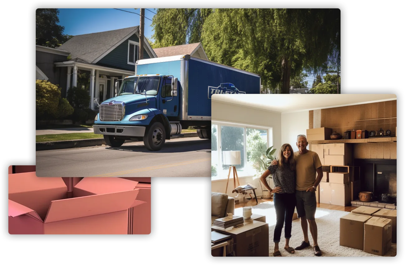 A Tri-State Area Movers truck outside a home, and a family among packed boxes